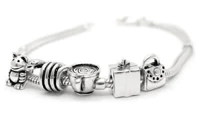 Silver Snake Charm Bead - Shown on a charm bracelet for illustration purposes